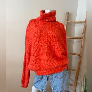 Primark Oversized Orange And White Chunky Knit Turtleneck Sweater Small